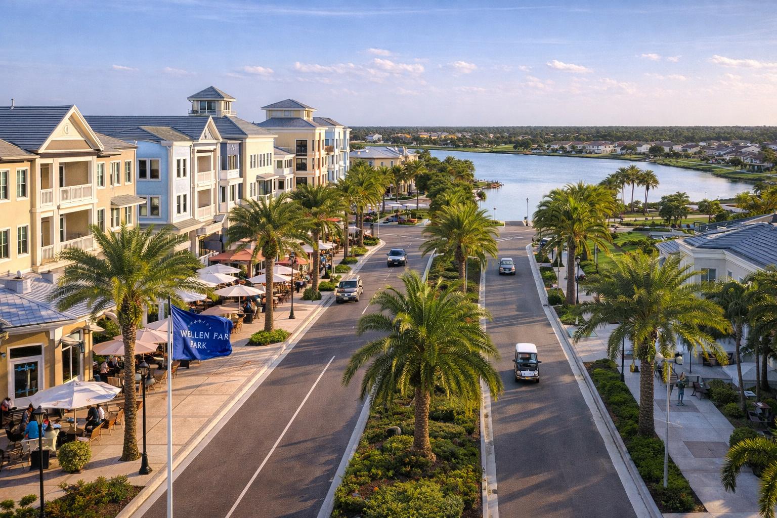 Wellen Park's vibrant town center with parks, trails, and community gathering spaces.